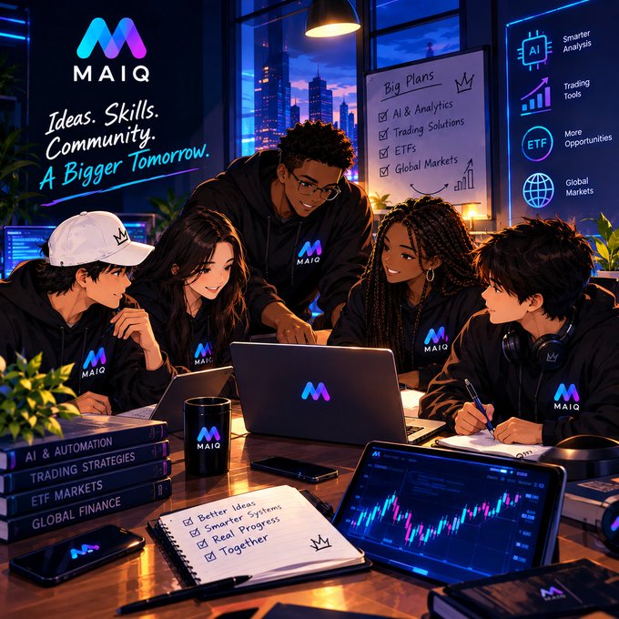 An anime-style promotional image for 'MAIQ' featuring the tagline 'Ideas. Skills. Community. A Bigger Tomorrow.' with five young people gathered around a laptop, books labeled 'AI & AUTOMATION', 'TRADING STRATEGIES', 'ETF MARKETS', 'GLOBAL FINANCE', and a checklist titled 'Big Plans' covering AI & Analytics, Trading Solutions, ETFs, and Global Markets.