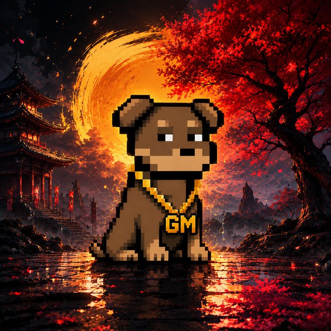 A pixel art brown dog wearing a gold 'GM' chain sits against a dramatic Japanese-style backdrop with a red moon, temple, and cherry blossoms.