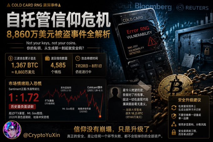 A Chinese-language infographic detailing the 'COLD CARD RNG' vulnerability event and an $88.6 million theft analysis, featuring a Coldcard hardware wallet, a Bitcoin, and logos for Bloomberg and Reuters, credited to '@CryptoYuXin'.