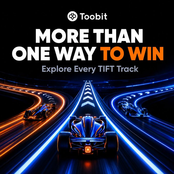 A Toobit promotional graphic features three glowing race cars diverging onto separate tracks, with the central car displaying the Toobit logo on its rear. The bold text reads "MORE THAN ONE WAY TO WIN" and "Explore Every TIFT Track," visually reinforcing the post's message that TIFT 2026 participants can pursue unique trading paths through customizable missions, rankings, and challenges.