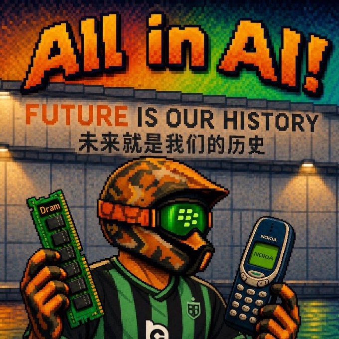 The image features a cartoon character wearing a helmet, holding a cell phone and a computer chip. The character appears to be dressed as a robot or a person from the future. The background of the image shows an orange building with a neon sign that reads "All in AI!".