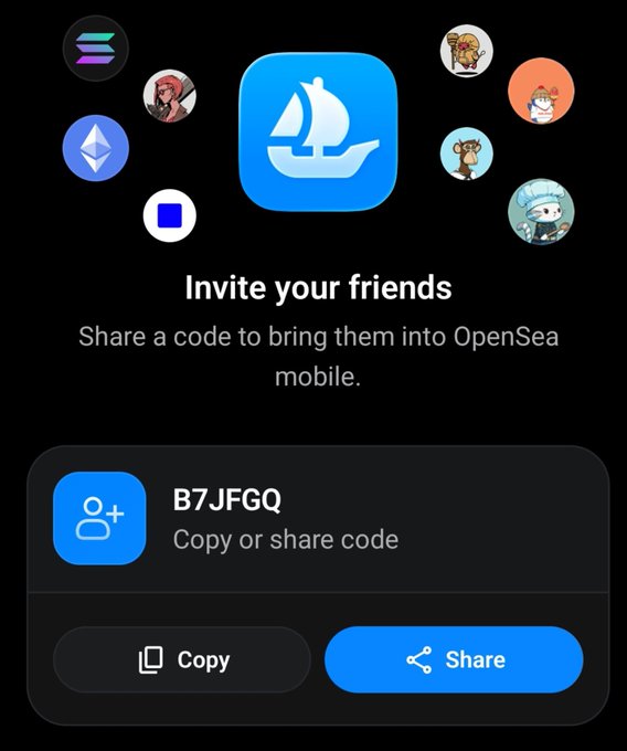 OpenSea mobile app referral screen displaying 'Invite your friends' with share code 'B7JFGQ' alongside various NFT avatar icons.