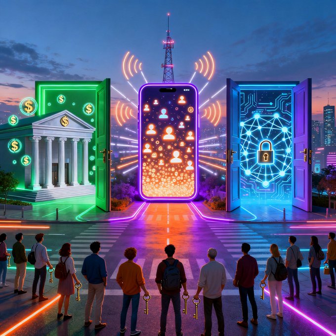 A vibrant digital artwork showing people holding keys, standing before three glowing doors representing a bank (green), a smartphone with people icons (orange), and digital security (blue).