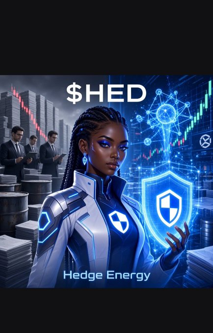 Promotional graphic featuring a woman in futuristic blue armor holding a glowing shield, with '$HED' and 'Hedge Energy' text, alongside men in suits examining financial charts and barrels.