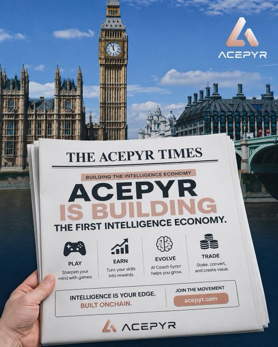 A promotional newspaper image with 'THE ACEPYR TIMES' headline reading 'ACEPYR IS BUILDING THE FIRST INTELLIGENCE ECONOMY,' featuring sections for PLAY, EARN, EVOLVE, and TRADE, with the ACEPYR logo, set against the London skyline including Big Ben.