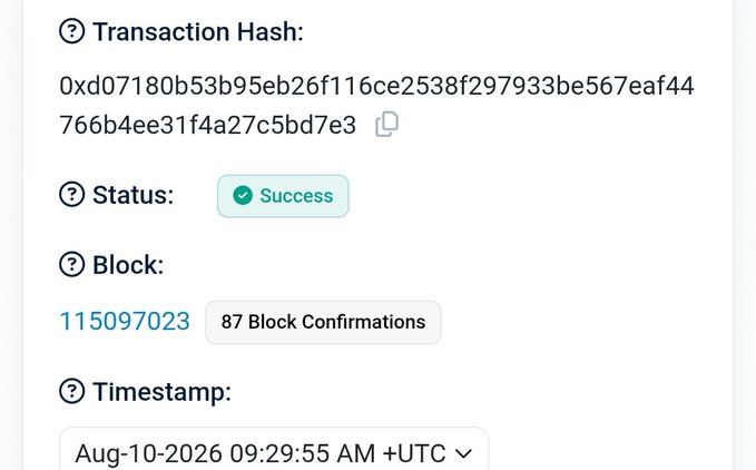 Etherscan transaction details showing a successful transaction with hash 0xd07180b53b95eb26f116ce2538f297933be567eaf44766b4ee31f4a27c5bd7e3, confirmed at block 115097023 on Aug-10-2026.