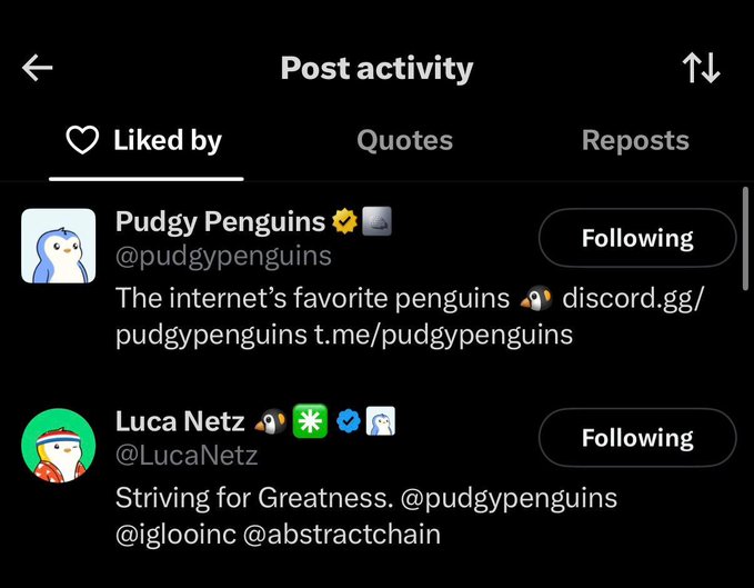 Screenshot of a social media 'Post activity' page showing 'Liked by' tab with Pudgy Penguins (@pudgypenguins) and Luca Netz (@LucaNetz) listed as followers.