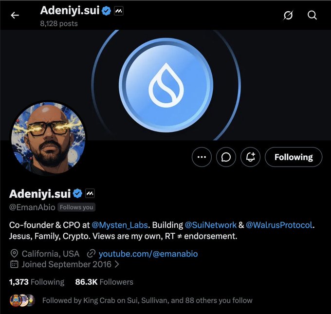 Twitter/X profile page for Adeniyi.sui (@EmanAbio), Co-founder & CPO at Mysten Labs, with 86.3K followers, known for building SuiNetwork and WalrusProtocol.