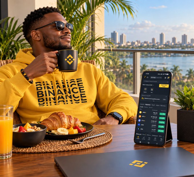 A man wearing sunglasses and a yellow 'BINANCE BINANCE BINANCE' hoodie drinking from a Binance-branded mug, with a phone showing Binance trading app and a Binance laptop on the table.