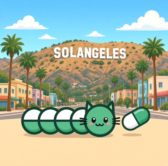A colorful cartoon illustration of a green caterpillar-like cat character lying in front of a desert landscape with palm trees and buildings, overlaid with the text 'SOLANGELES'.