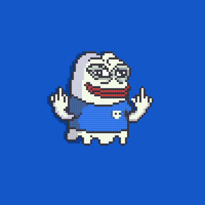 Pixel art on a blue background depicting an elderly figure with glasses and a red scarf, giving the middle finger with both hands.
