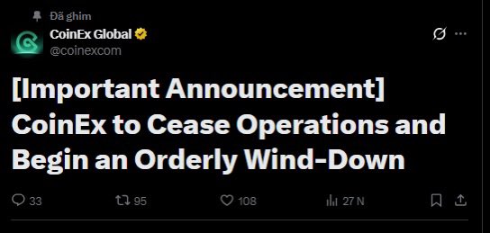 A social media post from CoinEx Global (@coinexcom) announcing "Important Announcement: CoinEx to Cease Operations and Begin an Orderly Wind-Down."