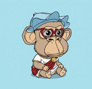 A cartoon illustration of a baby monkey character wearing a blue cap, red-rimmed glasses, and a white toga with a gold medallion against a light blue background.