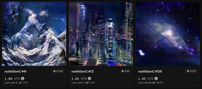 A triptych of "realitiGenC" NFT artworks (#41, #72, and #126) displayed side-by-side, featuring a mountain landscape, a futuristic cityscape, and a galaxy scene respectively, all sharing a cohesive blue-purple color palette. The listings show current prices ranging from 1.00 to 1.85 ETH, with last sale prices listed below, aligning with the post's discussion of a cohesive collection before a potential floor price recovery to 3.5 ETH.