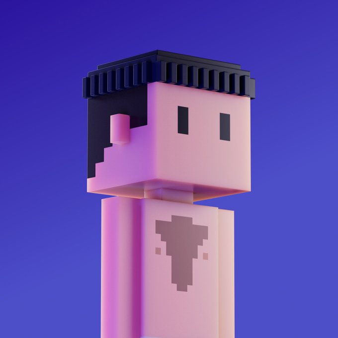 A 3D voxel-style character stands against a purple background, featuring pink skin, black hair, and a pixelated heart design on its chest.