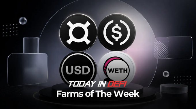 The image features a poster with four different coins, each representing a different cryptocurrency. The first coin is a black circle with a white "U" symbol, the second one is a red circle with a white "D" symbol, the third one is a white circle with a pink "W" symbol, and the fourth one is a black circle with a white "S" symbol. Below these coins, there are three lines of text that provide information about each coin: "Today in DEFI", "Farms of the Week", and "Focus on what is in the image".