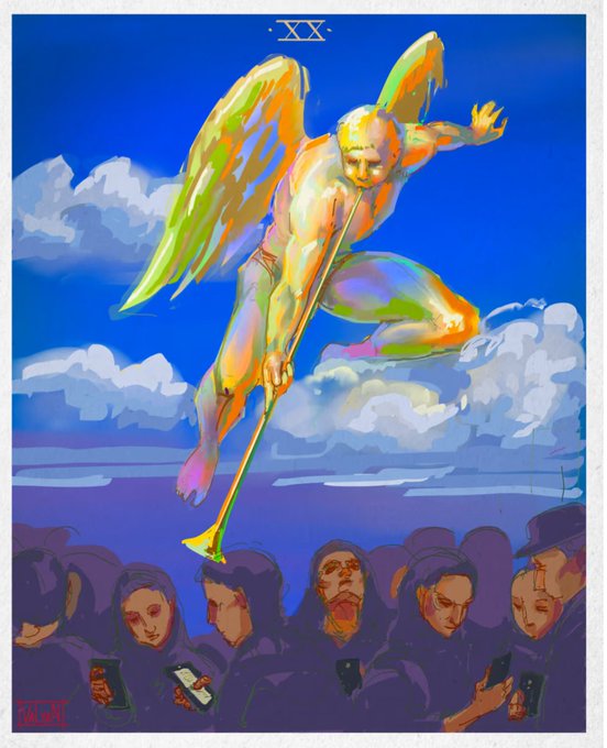 A digital painting depicting an angel-like figure with iridescent wings playing a trumpet above a crowd of hooded figures staring at their phones, with the Roman numeral 'XX' at the top.