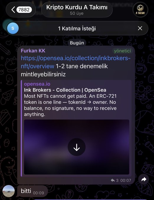 A Telegram chat screenshot from 'Kripto Kurdu A Takımı' where an admin named Furkan KK shares an OpenSea link for 'Ink Brokers' NFT collection, explaining that no balance or signature is needed to receive anything.