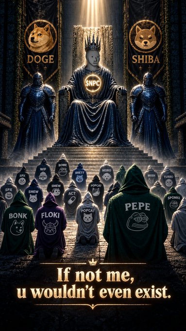 A dark, dramatic digital illustration depicting various crypto meme characters (including DOGE, SHIBA, PEPE, FLOKI, BONK) kneeling before a throne occupied by a figure labeled '$NPC', with the text 'If not me, u wouldn't even exist.'