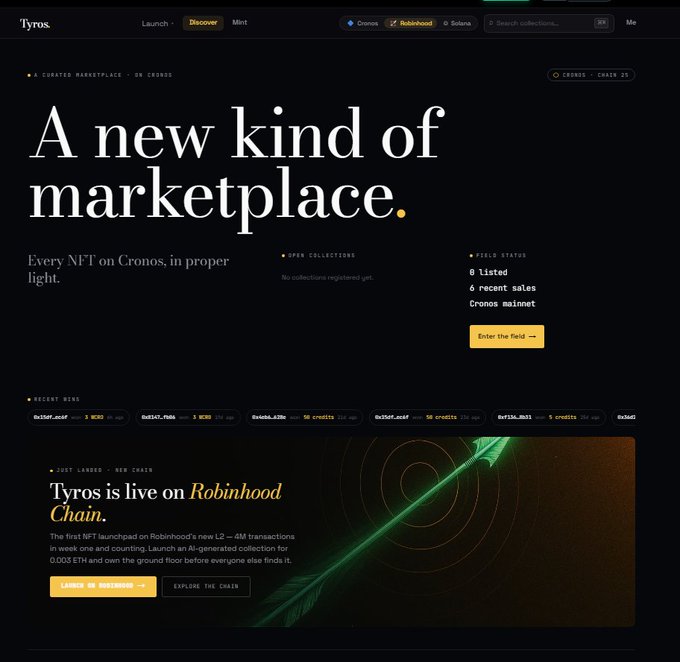 The Tyros NFT marketplace homepage on the Cronos chain with text reading 'A new kind of marketplace. Every NFT on Cronos, in proper light.' and an announcement that 'Tyros is live on Robinhood Chain'.