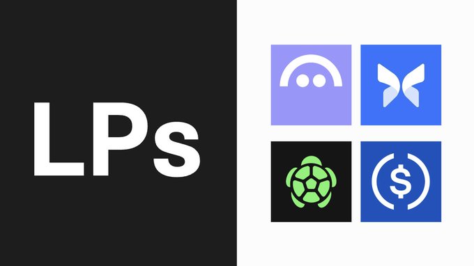 The image features "LPS" in bold white text on a black background, alongside four icons representing different protocols/investments (wormhole bridge, ThorChain, TurtleDex, and USDC). The graphic visually reinforces the post's message about seeking LPs (Limited Partners) for upcoming vaults and yield products, symbolizing cross-chain DeFi opportunities.