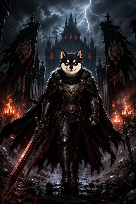 The image features a black and white illustration of a dog dressed as a knight, holding a sword and standing in front of a castle with red flags flying from its towers. The caption above the image reads "In today'chaotic world, many things are impossible but our trust(COMMUNITY) never goes down! Do your best for the #manyu knights!".