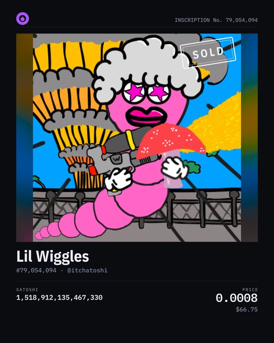 An NFT listing titled "Lil Wiggles" by @itchatoshi (Inscription No. 79,054,094) showing a cartoon pink worm-like character with star-shaped glasses, priced at 0.0008 BTC ($66.75) and marked as SOLD.