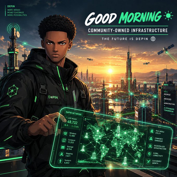 A futuristic promotional graphic titled 'GOOD MORNING - COMMUNITY-OWNED INFRASTRUCTURE' featuring a young man interacting with a holographic DePIN network map, set against a sunrise cityscape.
