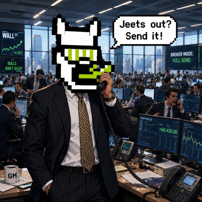 Pixel art meme depicting a suited stockbroker with a cat face speaking into a phone, set in a chaotic trading floor, with a speech bubble saying 'Jeets out? Send it!' and displays showing 'BROKER MODE: FULL SEND.'