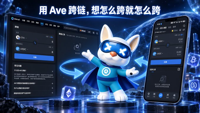 An advertisement features a cartoon dog mascot in a blue superhero outfit between a desktop and mobile cryptocurrency trading app interface, with Chinese text reading "用 Ave 跨链，想怎么跨就怎么跨".