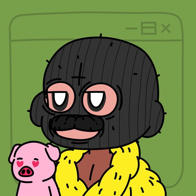 The image features a cartoon character wearing a black mask, which appears to be a pig or a pig-like creature with horns. The character has a mustache and is holding a pink pig stuffed animal. The background of the image is green, and there are some text elements in the corner that read "GM Woke up feeling APEISH Go outside touch some grASS HENNYTHING IS POSSIBLE".