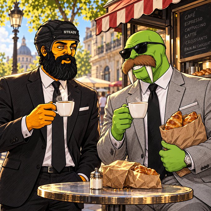 A cartoon-style illustration of a bearded man in a suit drinking coffee at a Parisian café table across from a green-skinned, tusked character in a gray suit holding a bag of croissants, with a 'CAFE' menu listing espresso, cappuccino, latte, croissants, and pain au chocolat.
