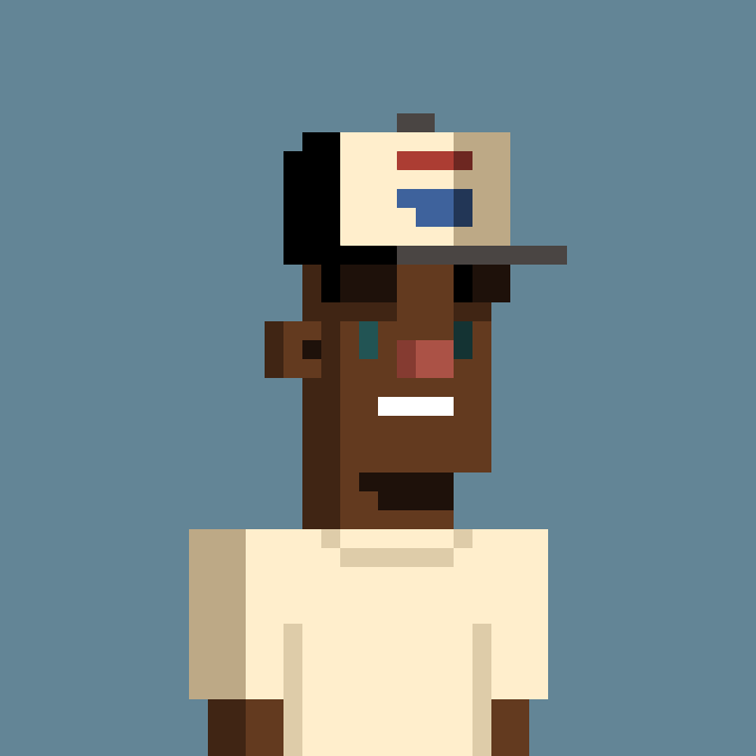 A pixel art style character portrait shows a person with dark skin, wearing a beige t-shirt and a backwards cap with red and blue accents, set against a solid blue background.