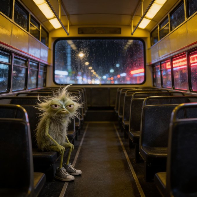 A whimsical green furry creature wearing sneakers sits alone on a bus seat at night, with a rainy cityscape visible through the window.
