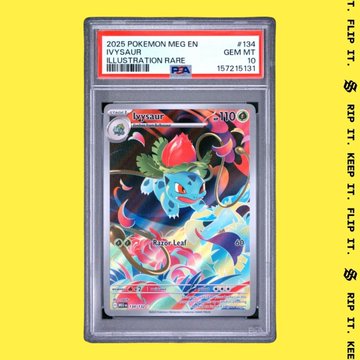 A PSA-graded 2025 Pokémon Mega Evolution "Ivysaur" Illustration Rare card (#184) is displayed, graded GEM MT 10, showcasing the vibrant artwork of Ivysaur ready to evolve. This ties into the post's theme of progression from Ivysaur to Mega Venusaur, highlighting the excitement of pulling such a pristine card from a Solflare pack.