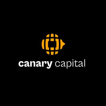 The image shows the Canary Capital logo, featuring a stylized orange hexagonal/star emblem above the company name "canary capital" in white lowercase text on a black background, representing the firm behind the recently filed S-1/A amendment for the Canary Staked INJ ETF.