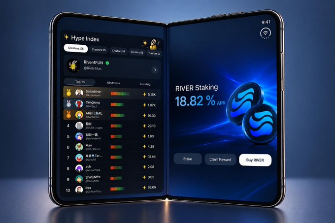 A foldable smartphone displays the updated River Inc. app interface, featuring a "Hype Index" ranking on the left screen listing creators like Sabishiivn (5.15K), Cengjiong (1.87K), and Riley (91.30), while the right screen highlights "RIVER STAKING 18.82% APR" with options to Stake, Claim Reward, or Buy RIVER, illustrating the tweet's announcement of the new clean foldable UI for managing staking and viewing the hype index in one place.