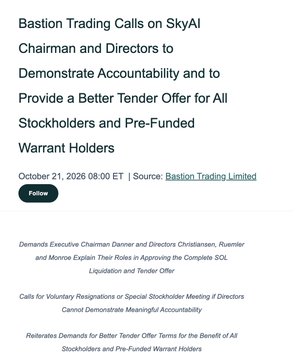 A screenshot of a Bastion Trading Limited announcement dated October 21, 2026, titled “Bastion Trading Calls on SkyAI Chairman and Directors to Demonstrate Accountability and to Provide a Better Tender Offer for All Stockholders and Pre-Funded Warrant Holders.” The post says shareholder Bastion is demanding explanations over SkyAI’s full $SOL liquidation and urging directors to explain or resign, while seeking a tender offer increase from $3 to at least $3.50 per share.