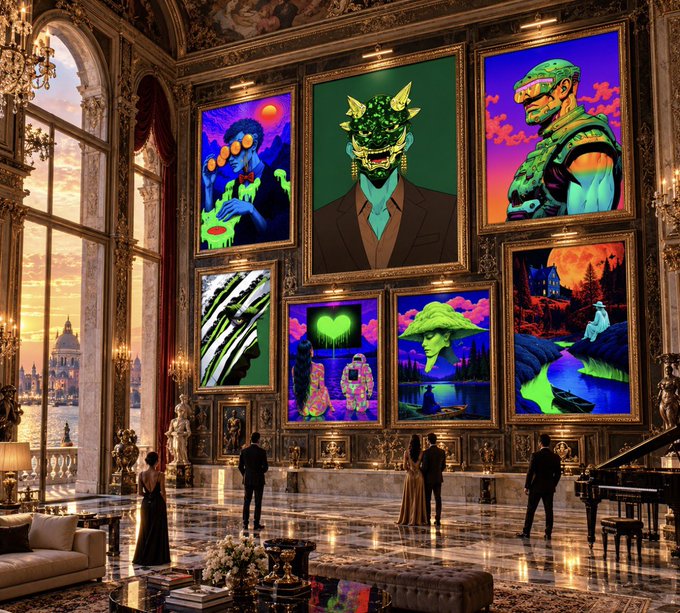The image depicts a luxurious gallery interior where elegantly dressed visitors admire a striking collection of vibrant, neon-colored NFT artworks displayed in ornate gold frames on a grand marble wall.

This aligns perfectly with the post celebrating the ITIA gallery, showcasing the fusion of traditional high-end gallery aesthetics with contemporary digital NFT art.
