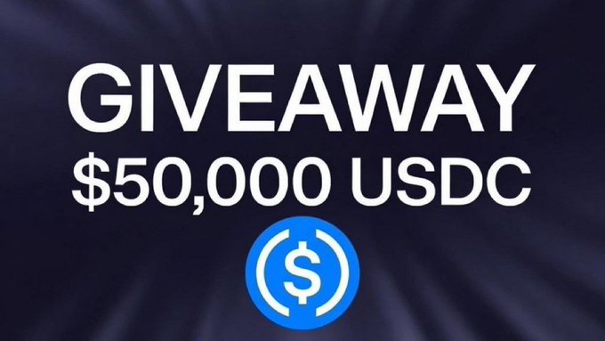The image displays a promotional graphic featuring the text "GIVEAWAY $50,000 USDC" in large white letters against a dark background, accompanied by the USDC logo. This visual reinforces the post's claim of a $50,000 USDC giveaway asking users to share their Solana wallet addresses—a common tactic used in cryptocurrency scam schemes.