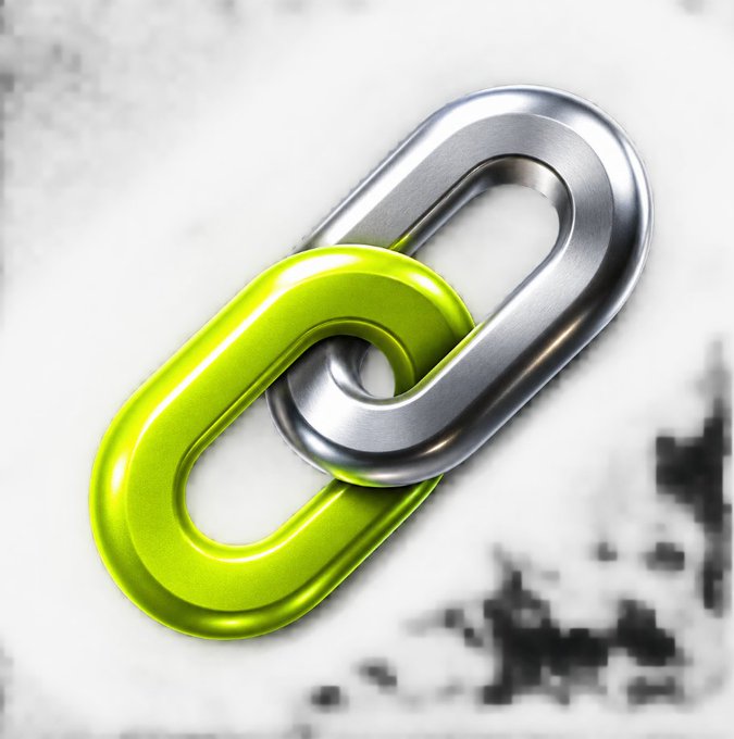 A 3D rendered image of two interlocking chain links, one metallic silver and one glossy green/lime, on a light marbled background.