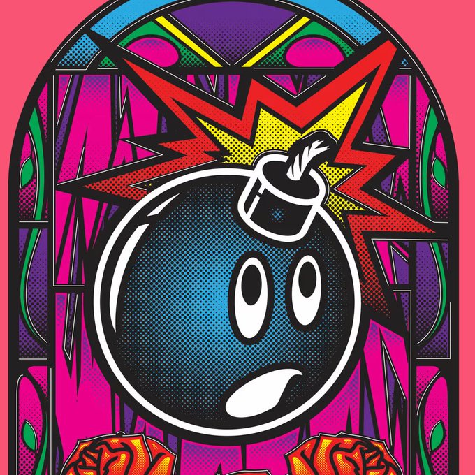 A vibrant pop-art style illustration of a black bomb character with a shocked expression against a colorful stained-glass background with yellow and red explosion graphics.