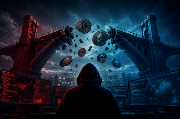 A hooded figure sits before multiple monitors displaying code, with floating cryptocurrency coins including Bitcoin (B) and Ethereum (Ξ) shattering a bridge in the background.
