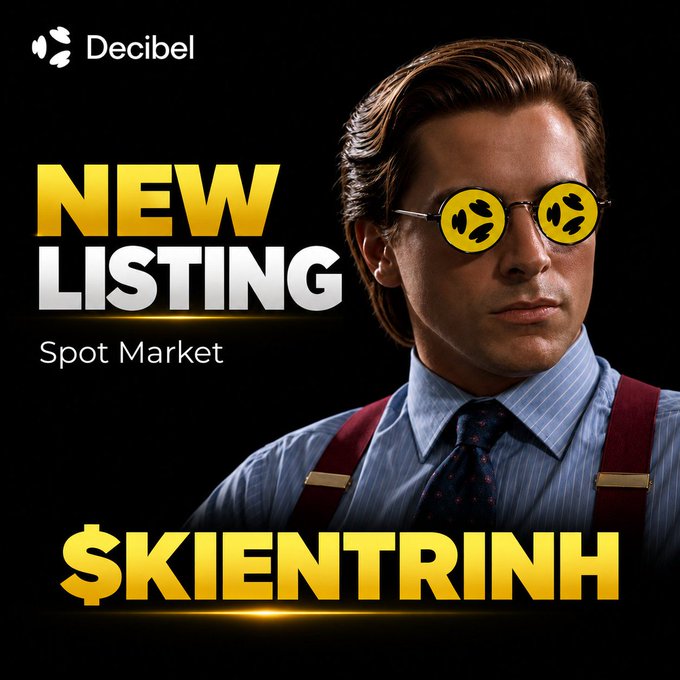 A promotional graphic featuring the "Decibel" logo with the text "NEW LISTING" and "Spot Market" alongside a stylized image of a man in a striped shirt and suspenders wearing round glasses with smiley faces, and the ticker "$KIENTRINH" in bold yellow letters.