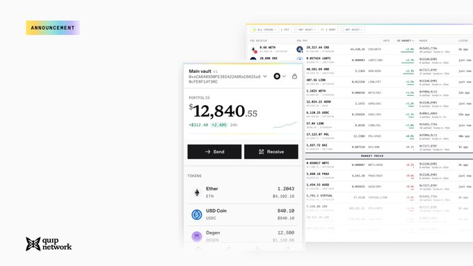 A Qup Network announcement showcasing a crypto wallet interface with a portfolio value of $12,840.55 and token holdings including Ether (ETH), USD Coin (USDC), and Degen (DEGEN).