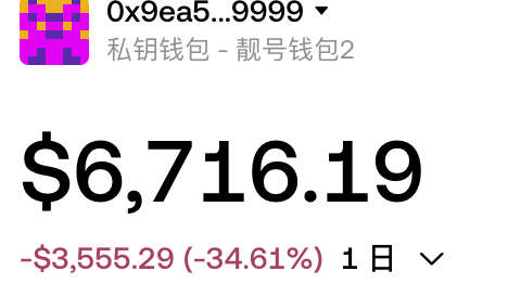 A crypto wallet balance showing $6,716.19 with a -$3,555.29 (-34.61%) 1-day loss from address 0x9ea5...9999 (私钥钱包 - 靓号钱包2), illustrating the painful drawdown the user experienced after liquidating their ALPHA holdings to swap into Rich Fortune.