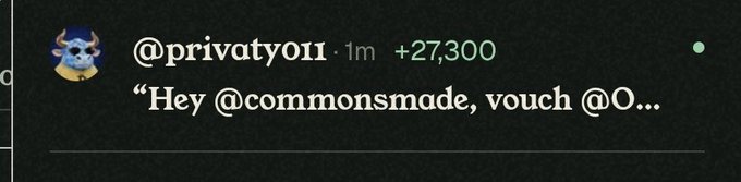 The image shows a notification from user @privaty011 posted 1 minute ago, giving +27,300 points and starting a message addressed to @commonsmade. This corresponds to the post celebrating @commonsmade for bestowing a massive 27,300-point vouch on them.