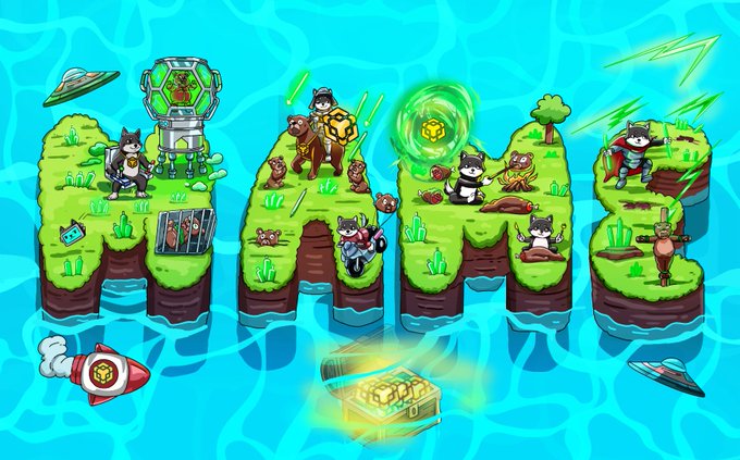A colorful 2D game-style illustration depicts warriors from BNB Chain battling bears across floating grassy islands, featuring characters like a knight in armor, a cloaked archer, and a winged warrior alongside UFO, rocket, and treasure elements, all themed around the "$MAME" token and the #MAMECreativeChallenge.
