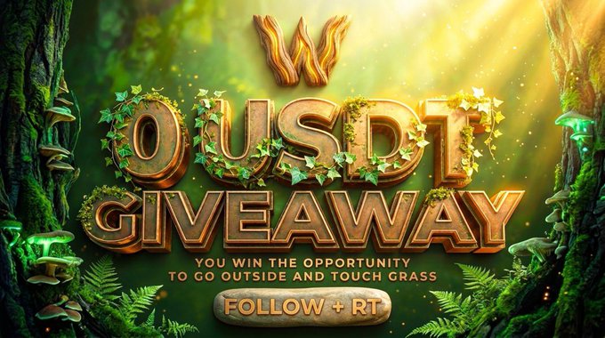 The image is a promotional graphic for a "$0 USDT GIVEAWAY," featuring bold, ornate text adorned with ivy in a lush, enchanted forest setting, with a subtext reading "YOU WIN THE OPPORTUNITY TO GO OUTSIDE AND TOUCH GRASS" and "FOLLOW + RT." 

However, the giveaway is clearly a scam—the "$0000.00" prize amount is a joke, and the post is trying to exploit users by promoting follows and retweets for fraudulent accounts like @Duelbits.