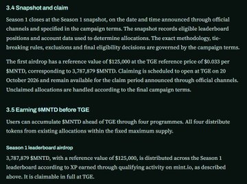 A document excerpt detailing airdrop terms for 'Season 1', including a reference value of $125,000 at a TGE price of $0.033 per $MNTTD, and information about earning $MNTD before TGE.